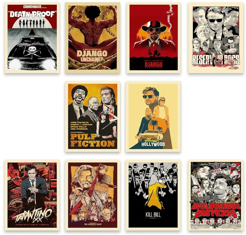 Quentin Tarantino filmography poster set overview showing ten illustrated vertical designs with character portraits, cars and bold film titles.