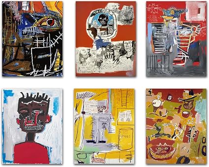 Poster set overview showing six individual portrait-format designs with mask-like heads, skeletal figures, crowns, symbols, and gestural color fields.