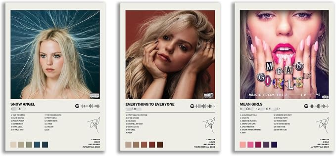 Poster set overview showing two Renée Rapp-inspired blonde portrait designs with cream music information panels and jewel-tone graphics.