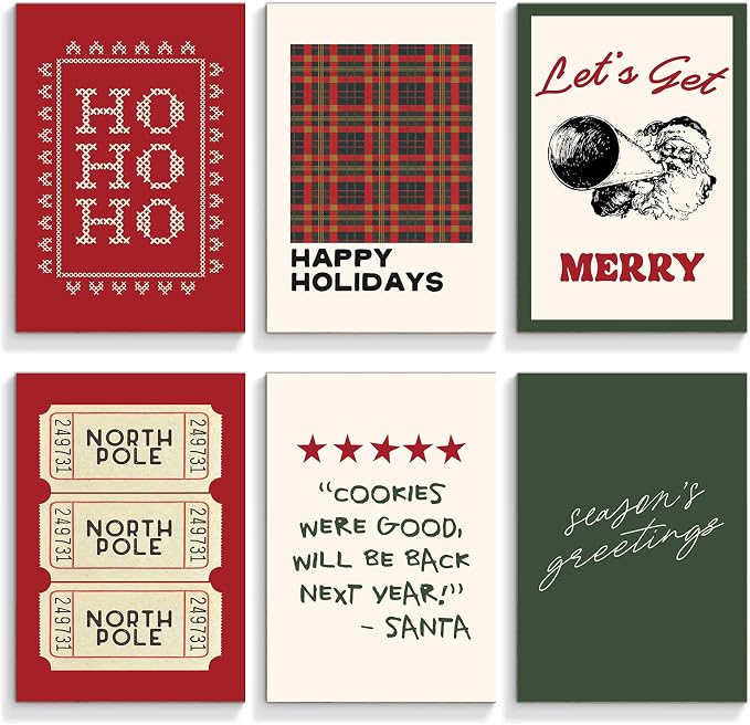 Poster print: Overview of a set of six retro Christmas typography posters with plaid patterns, Santa art, North Pole tickets, and holiday greetings.