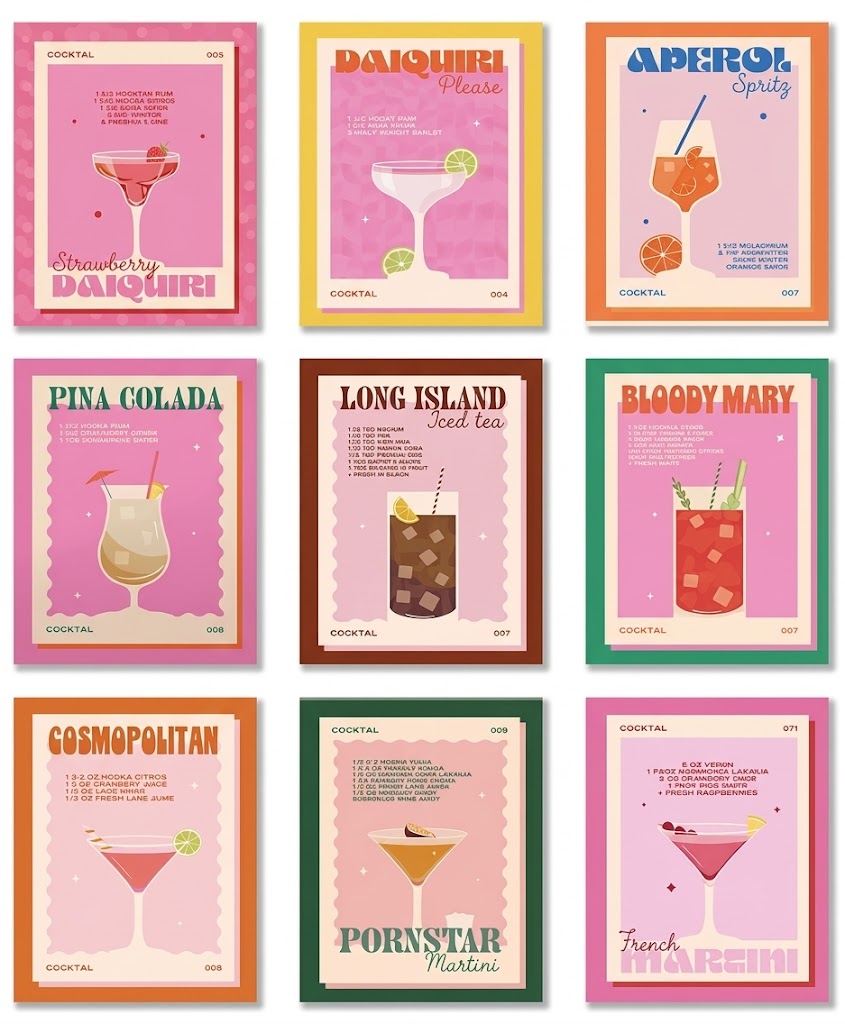 Poster set overview showing nine retro cocktail recipe designs with illustrated glasses, colorful borders and bold drink titles.