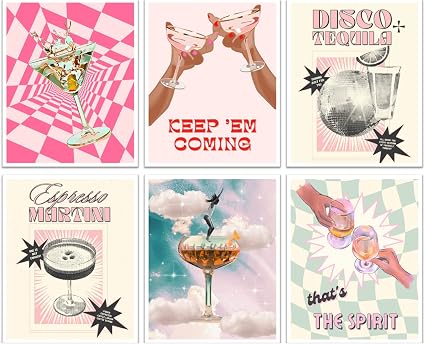 Poster-set overview showing six retro cocktail posters with illustrated martini glasses, hands holding drinks, bold text and graphic backgrounds.