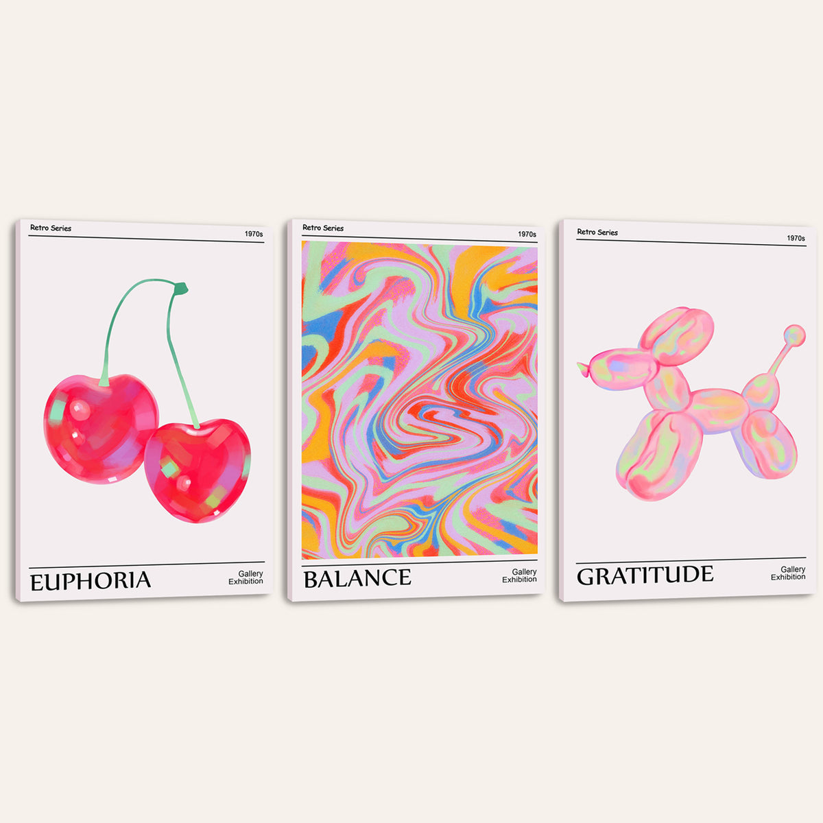 Unframed canvas poster featuring the Retro Series triptych of cherries, a vivid marble pattern, and a pink balloon dog.
