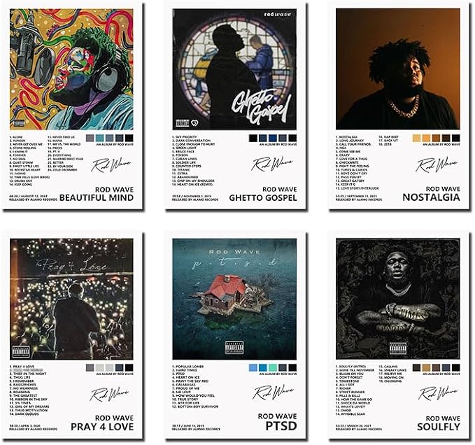 Rod Wave Set of 6 poster overview showing six portrait album designs with cover imagery, track lists, color swatches, and advisory labels.