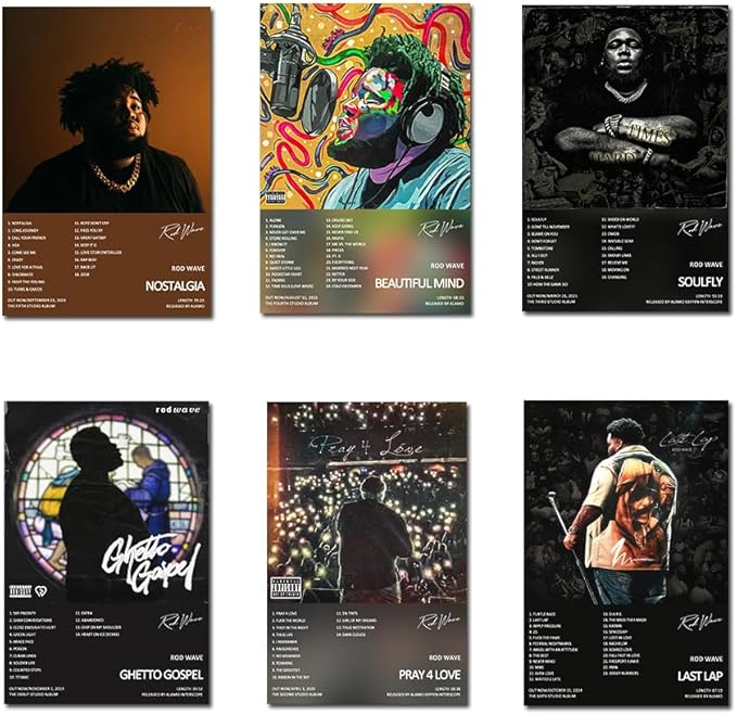 Rod Wave poster set overview showing six vertical album-era portrait designs with album titles, tracklist-style text and advisory labels.