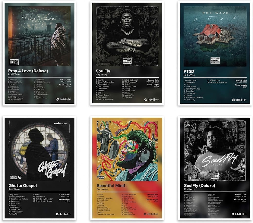 Overview of the Rod Wave six-release poster set, showing six vertical album-style designs in a 3-by-2 grid with cover art and track panels.
