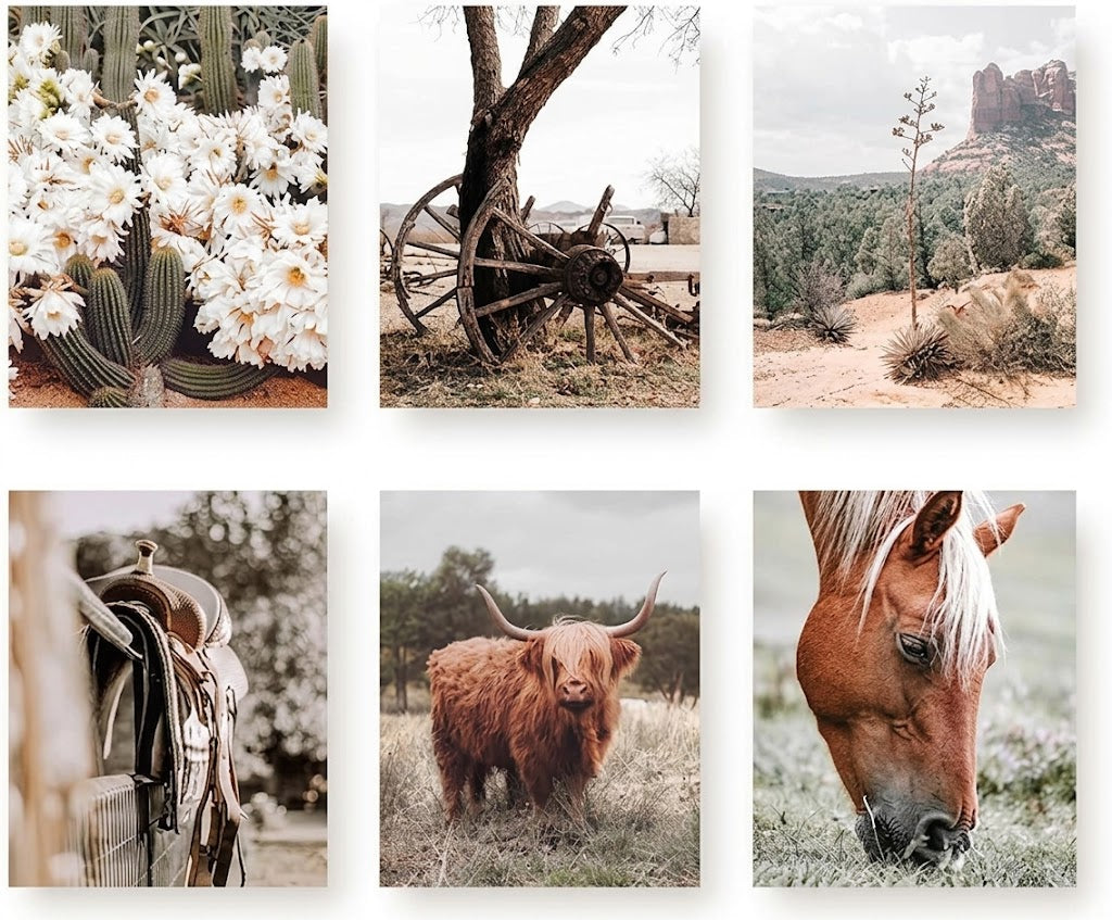 Rustic western photography Set of 6 poster overview showing cactus, wagon wheel, desert rocks, saddle, Highland cow, and horse designs.