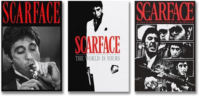 Scarface set of three poster overview showing black-and-white portraits, a suited gunman, red accents and bold SCARFACE typography.
