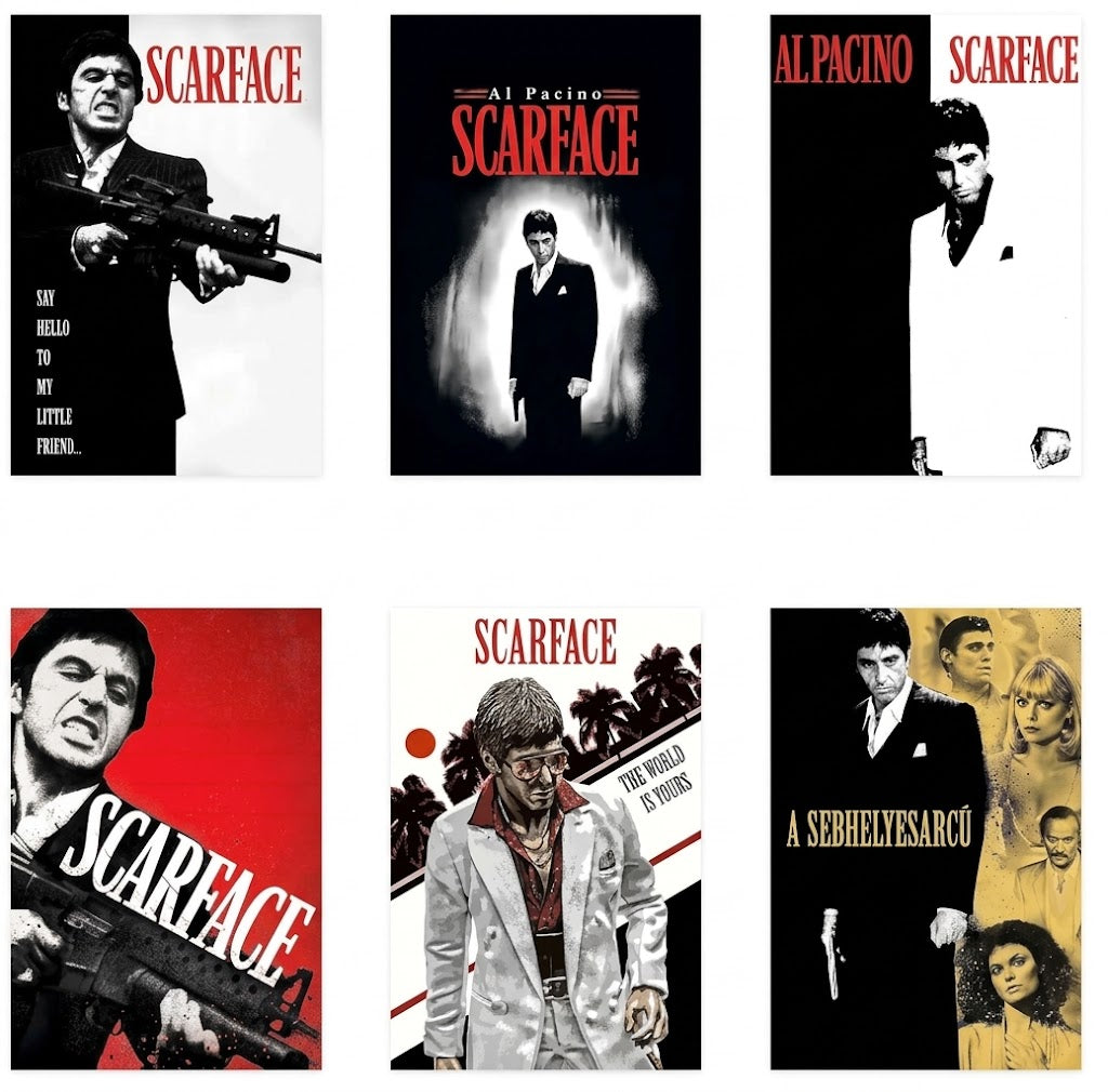 Scarface set of six poster designs shown in a 3-by-2 overview, featuring suited male figures, bold title text, and black, red, gold, and white layouts.