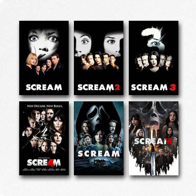 Scream poster set overview showing six portrait horror designs with close-up eyes, a ghostlike mask motif and ensemble cast portraits.