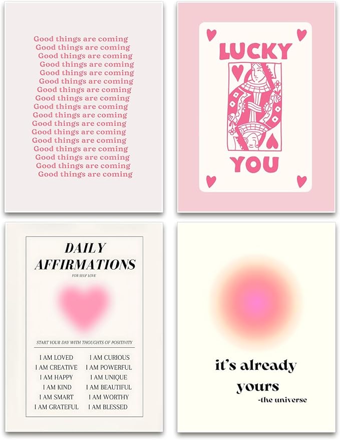 Poster print: Overview of Set of 4 self-love affirmation posters with pink typography, a heart playing card, affirmations, and a glowing gradient design