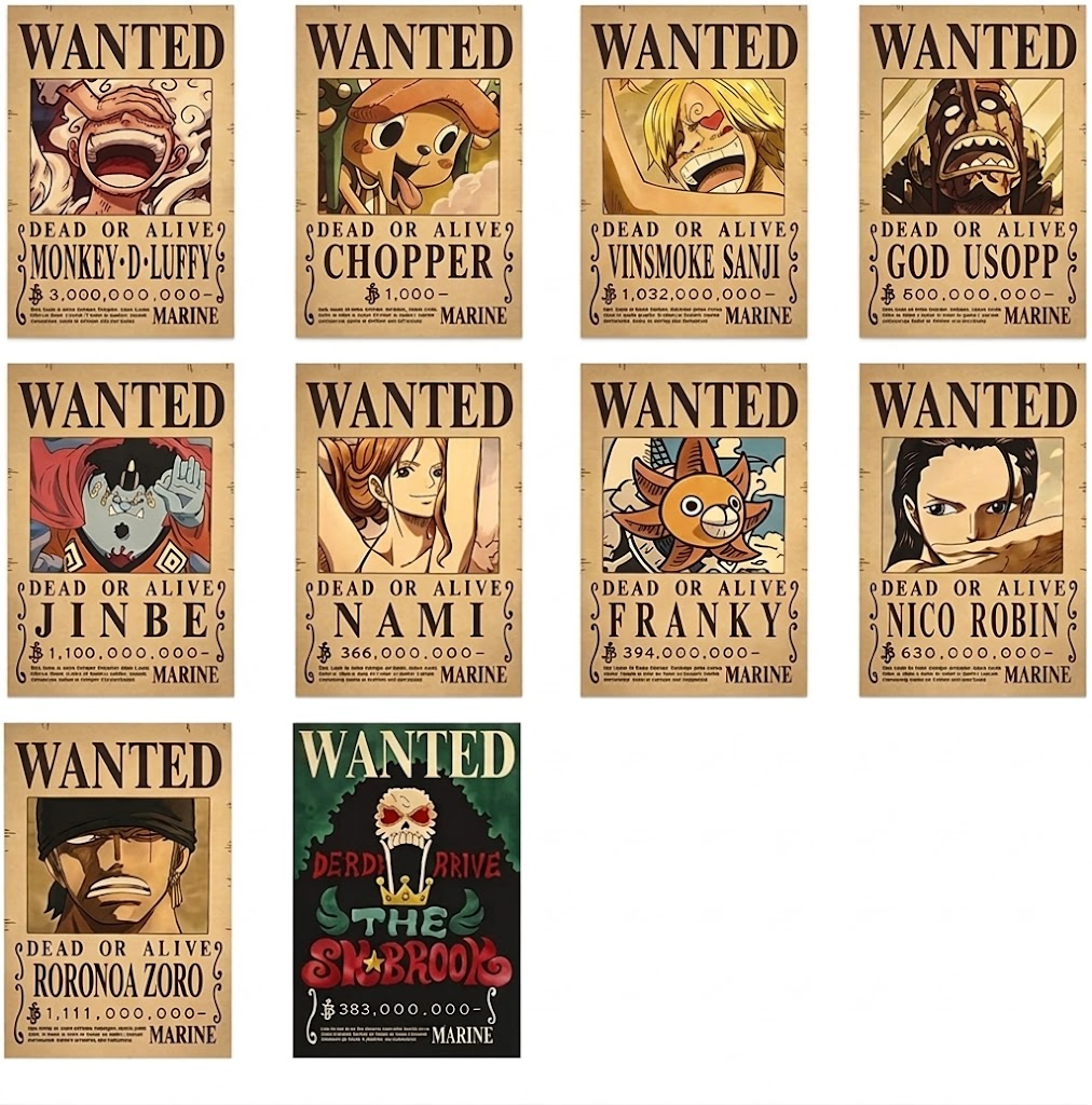 Set of 10 character wanted posters showing stylized portraits on tan WANTED notices, plus one dark green and red illustrated poster.