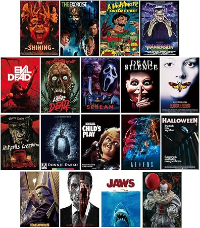 Poster set overview showing 18 portrait horror film designs with masked figures, monsters, skulls, haunted faces and dramatic title typography.