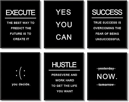 Poster print: Overview of a set of six black-and-white motivational typography posters with centered white phrases on black vertical designs.