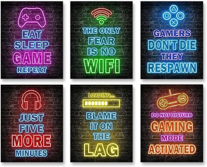 Poster print: Overview of six neon gaming slogan posters with glowing icons and colorful typography on dark brick-wall backgrounds.