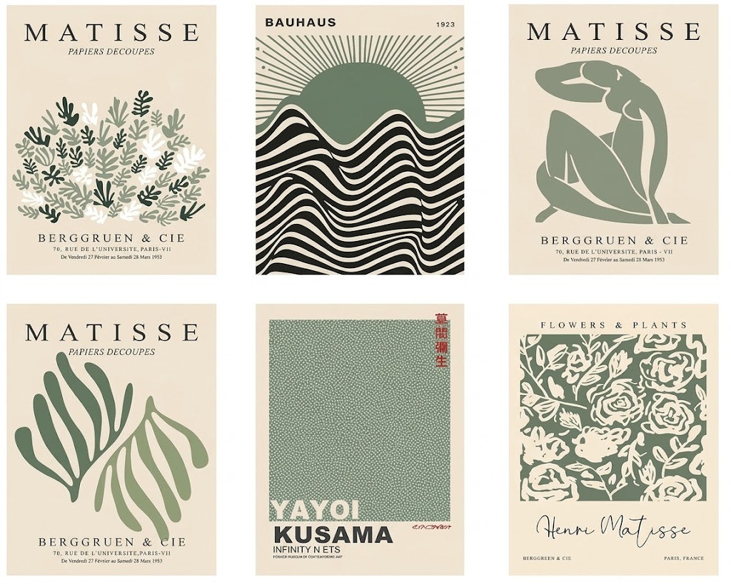Overview of a six-piece modernist poster set with botanical cut-paper forms, abstract figure art, floral ornament and bold typography.
