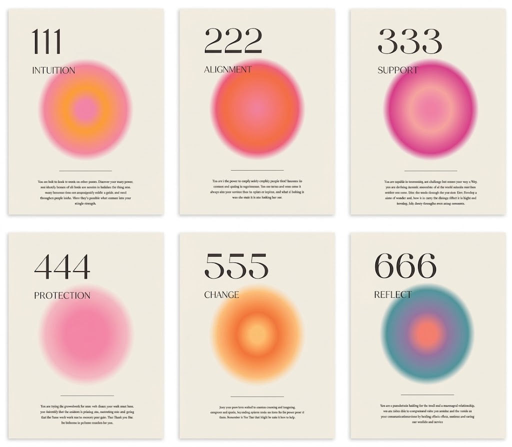 Poster set overview showing six spiritual-number designs with 111 to 666 typography, keywords, and colorful glowing orb motifs.