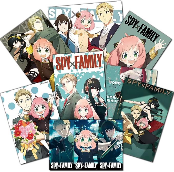 Poster print: SPY×FAMILY set of seven posters shown in an overlapping overview with teal character portraits, action scenes, and bold graphic lettering.