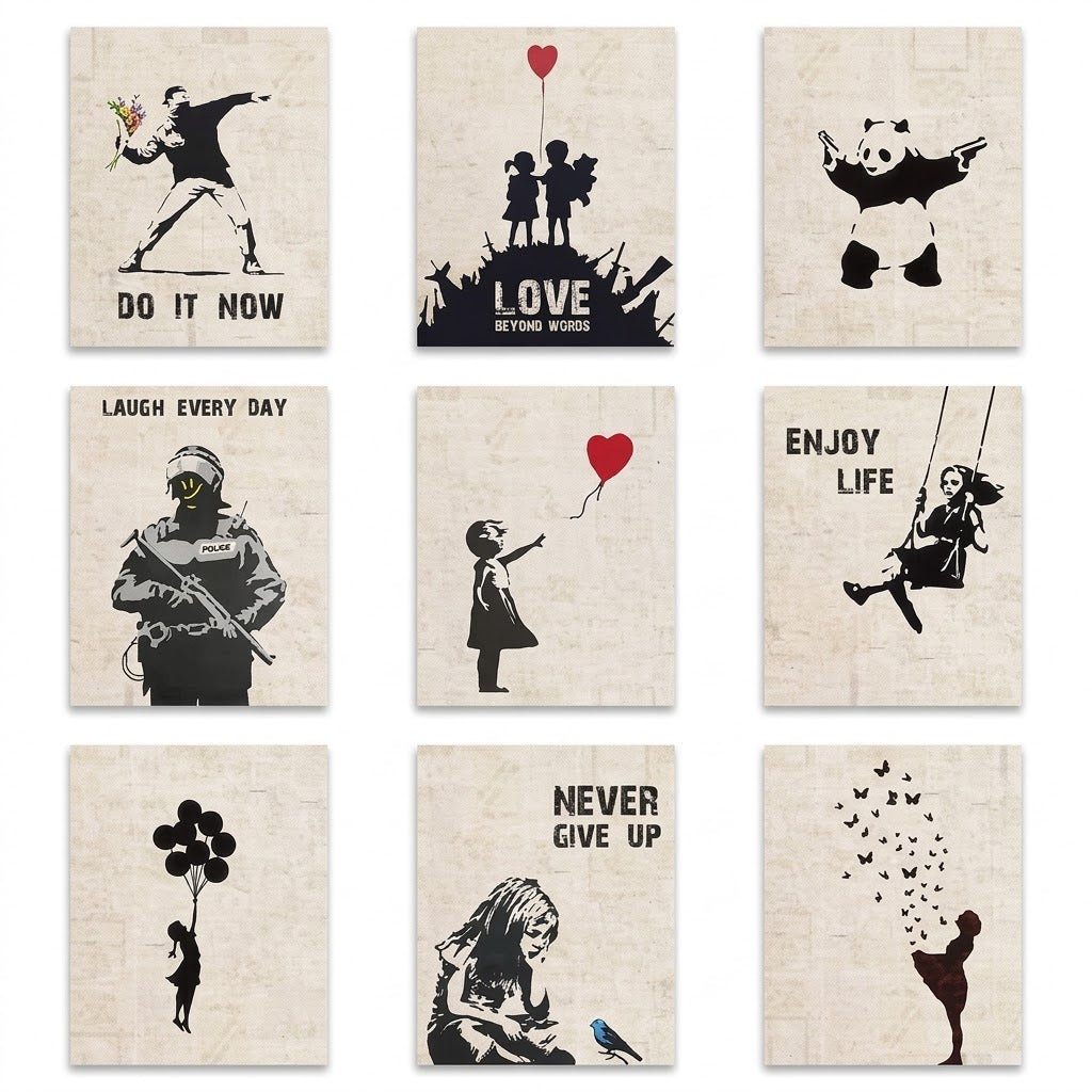 Overview of a set of nine stencil-art poster designs with black silhouettes, cream distressed backgrounds, balloons, flowers, and bold slogans.