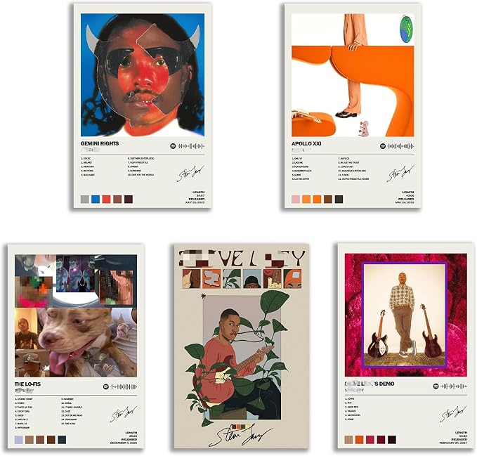 Steve Lacy poster set overview showing five portrait-format album-inspired designs with figures, guitars, collage art and editorial text layouts.