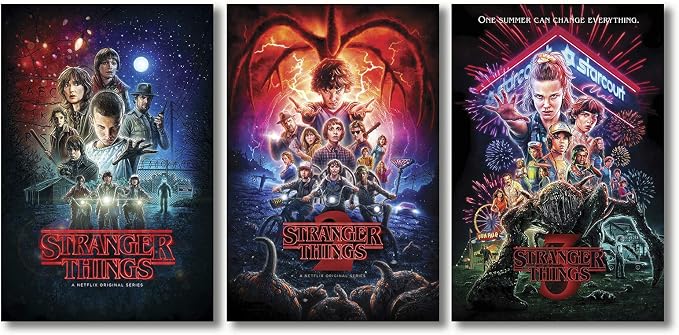 Stranger Things poster set overview showing three vertical illustrated ensemble designs with monsters, lightning, neon fireworks and nighttime scenes.