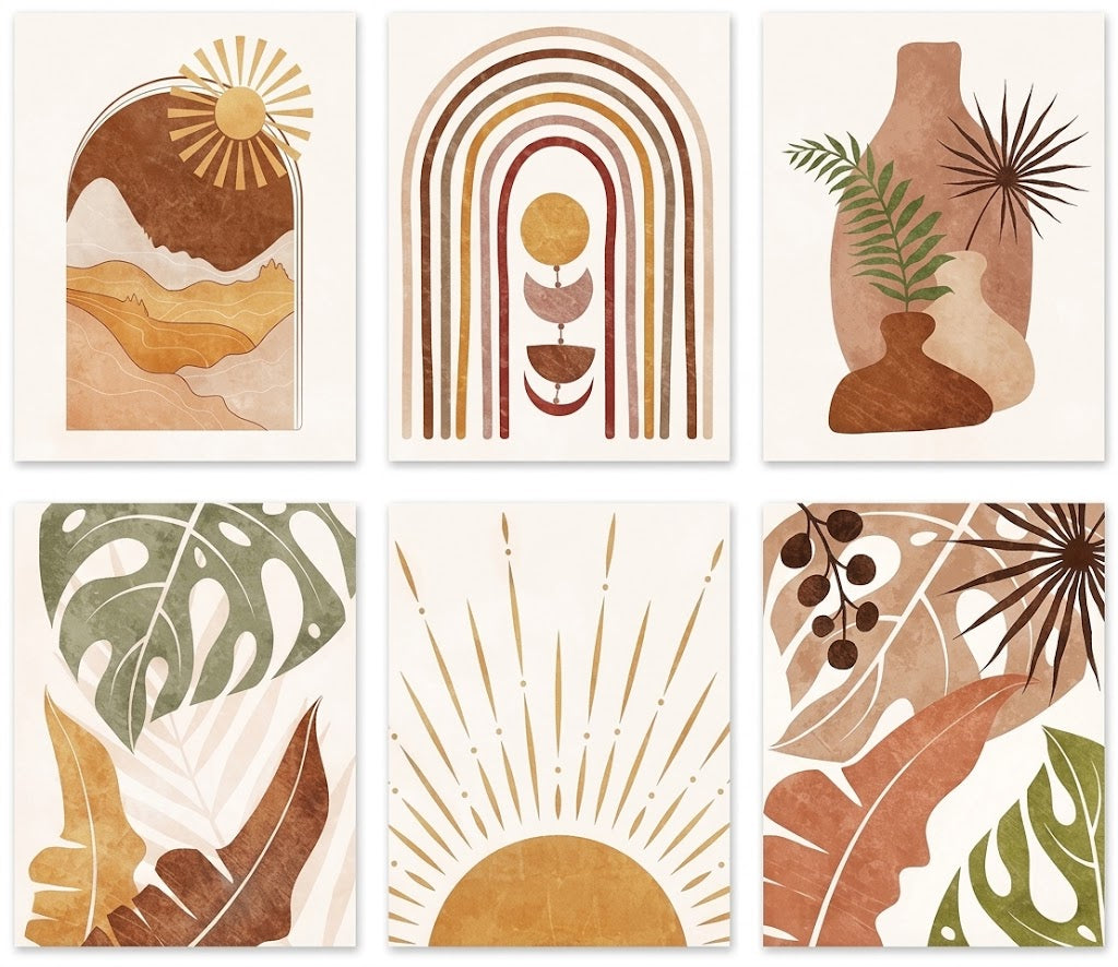 Poster set overview showing six portrait abstract boho designs with suns, arches, desert hills, ceramic vessels and tropical leaves.