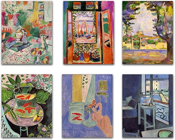 Set of six portrait poster designs with colorful interiors, a sailboat window view, a house landscape and goldfish-bowl still lifes.