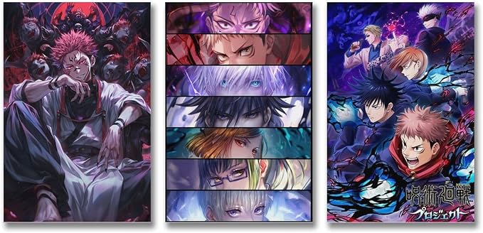 Poster set overview showing three supernatural anime designs: a pink-haired figure, seven stacked eye bands, and a blue-purple action ensemble.