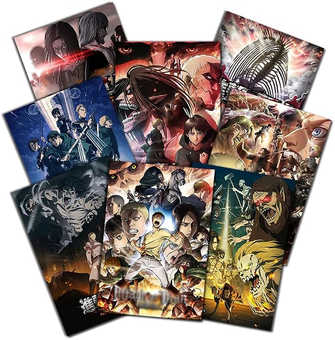 Poster set overview showing eight portrait anime designs with uniformed sword fighters, giant humanoid monsters, faces and battle scenes.