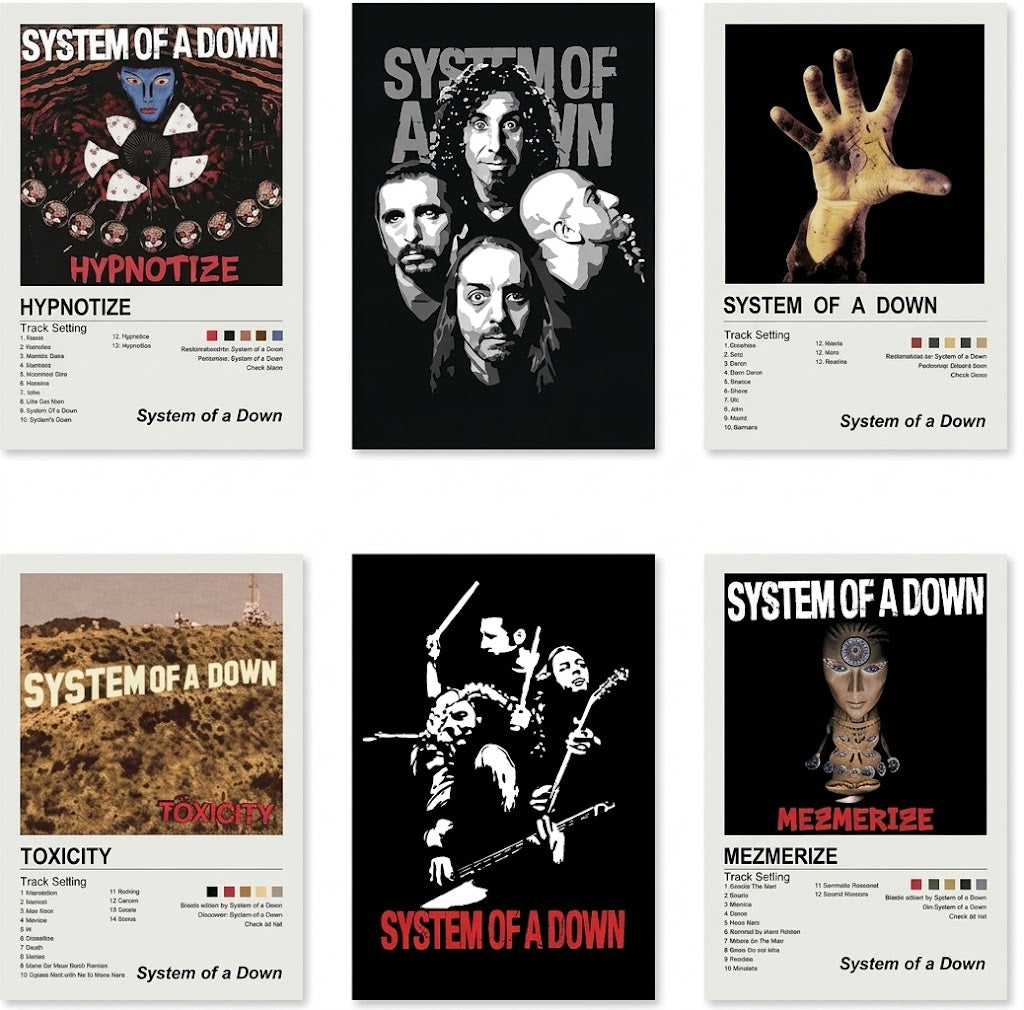 Overview of a six-piece System of a Down poster set with album-inspired cover art, band portraits, and track-list layouts.