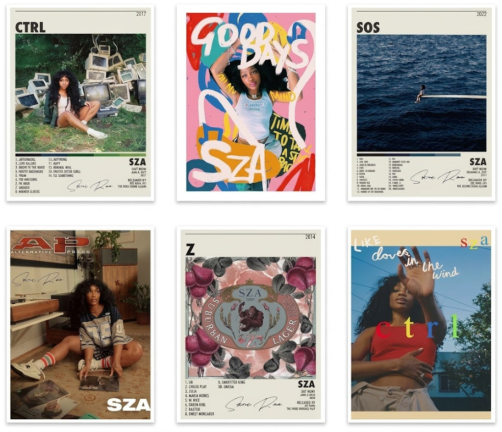 Overview of a six-piece SZA poster set with Ctrl, SOS and Z imagery, portraits, illustrated artwork and colorful album-style typography.
