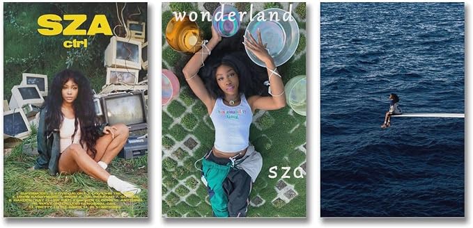 SZA Ctrl, Wonderland and SOS poster set overview with monitor portrait, balloon-filled grass portrait and diving-board ocean scene.