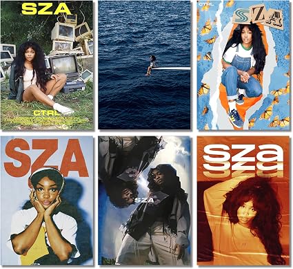 SZA Set of 6 poster overview showing six portrait-format designs with seated portraits, ocean imagery, collage, and bold SZA and CTRL text.