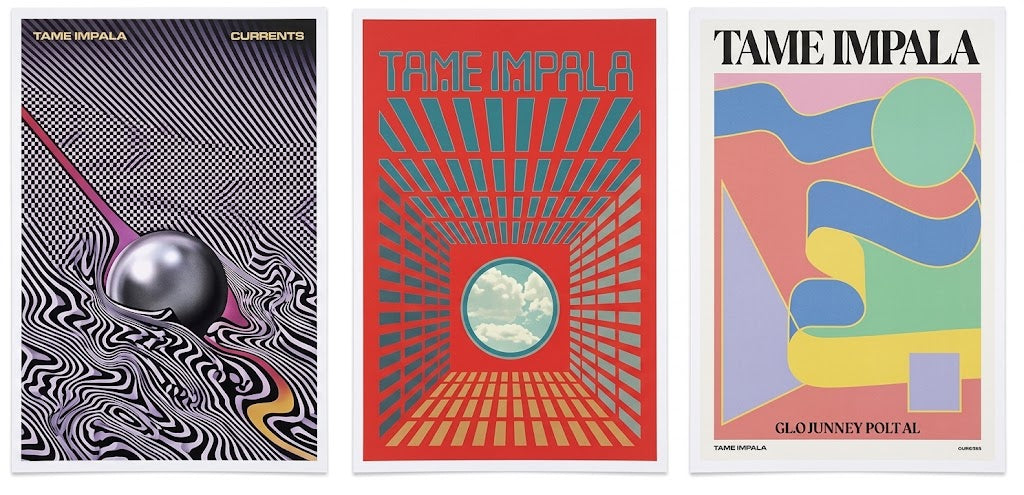 Tame Impala Currents poster set overview showing three portrait designs with a silver sphere, red grid cloud portal, and pastel green circle.