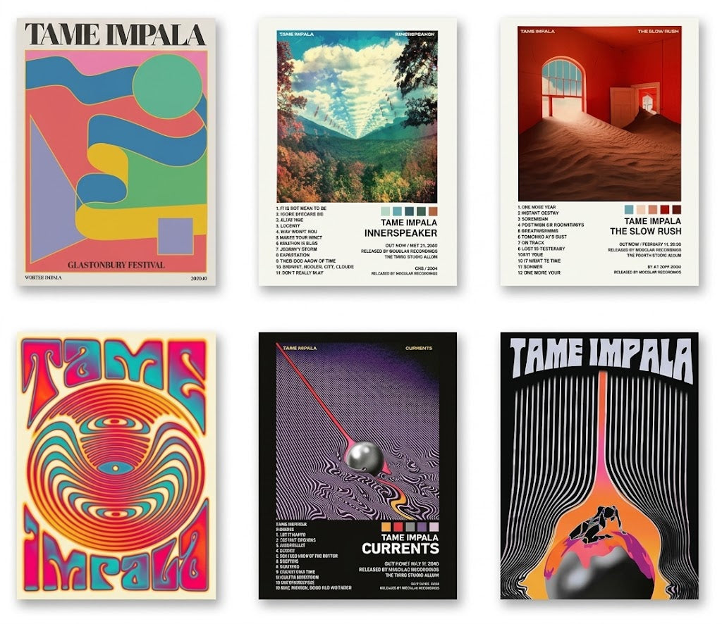 Overview of a six-piece Tame Impala poster set with colorful album-inspired typography, track lists, and psychedelic graphics.