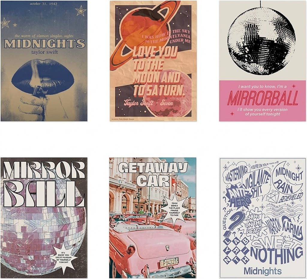 Taylor Swift-inspired set of six poster designs in a 3-by-2 overview with lyrics, lips, planets, mirror ball, and pink vintage car imagery.