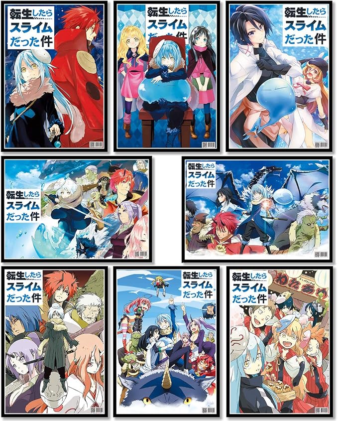 That Time I Got Reincarnated as a Slime poster set overview showing seven Rimuru and fantasy ensemble anime designs in mixed layouts.