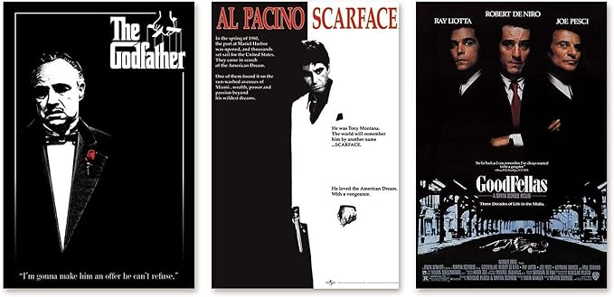 Poster set overview showing three portrait crime-film designs for The Godfather, Scarface and GoodFellas in black, red and blue-gray.