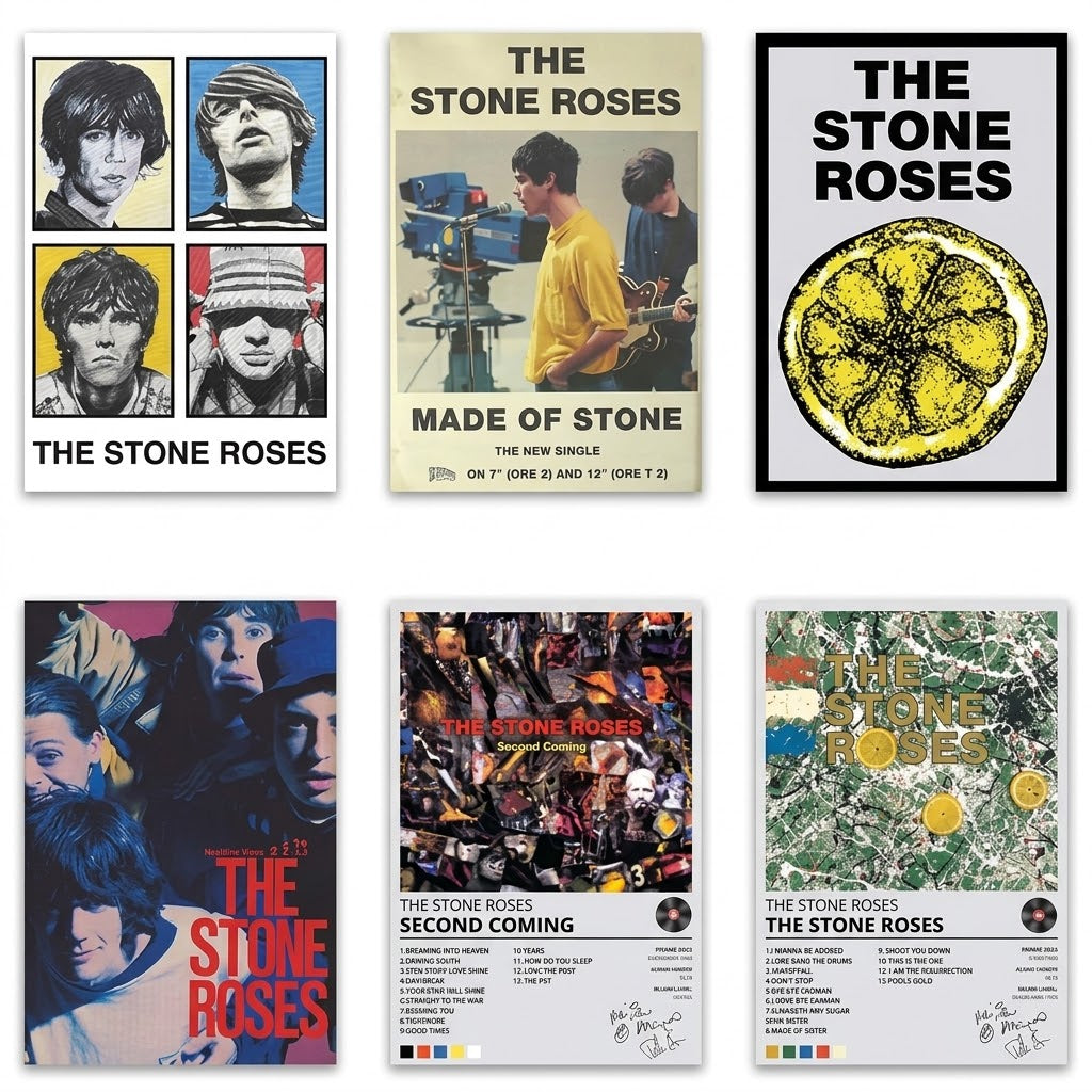 The Stone Roses set of 6 poster overview showing portrait art, performance photography, lemon graphics and album-inspired typographic designs.