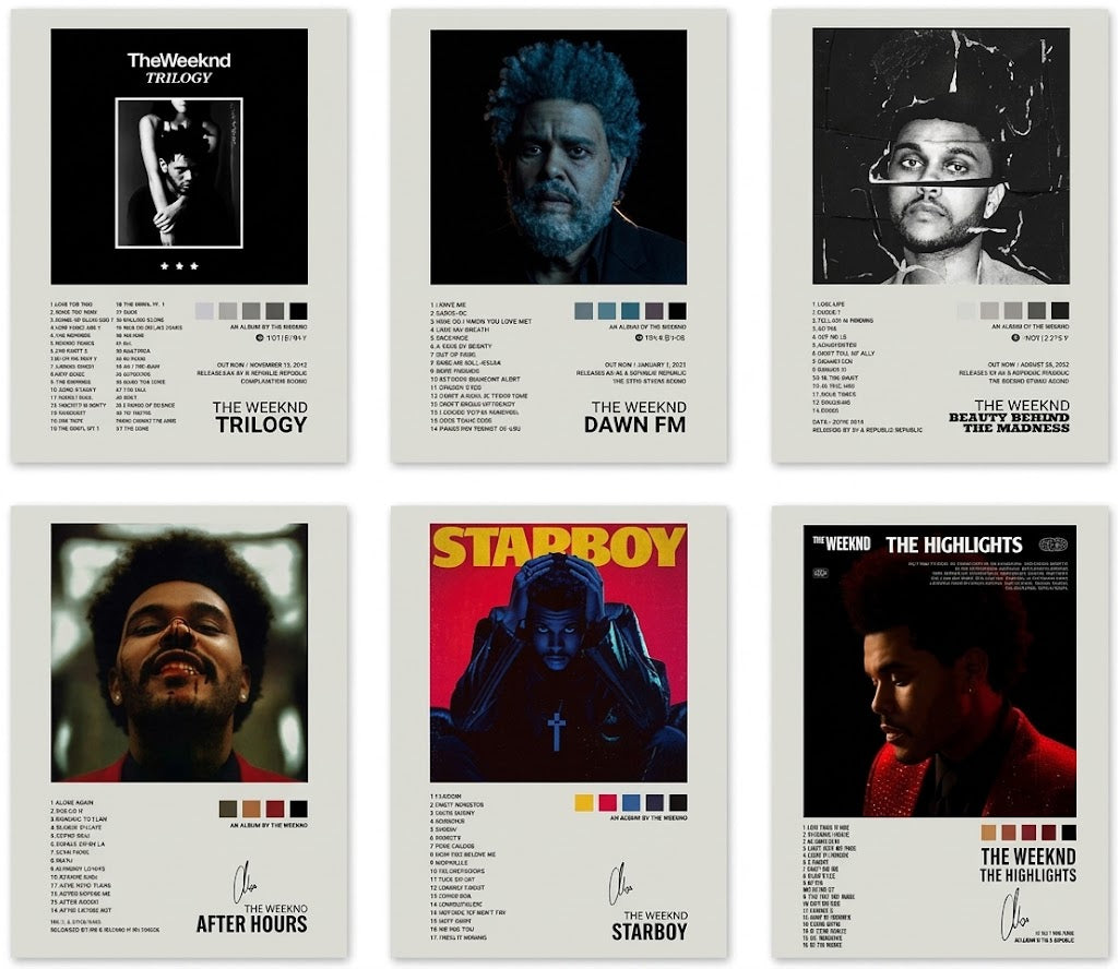 Overview of The Weeknd poster set of six, showing portrait and album-image designs with typography, color swatches, and dark tones.