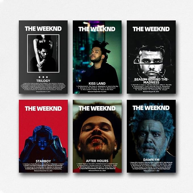 The Weeknd poster set overview showing six vertical album portrait designs arranged in a three-by-two grid with dark, colored backgrounds.