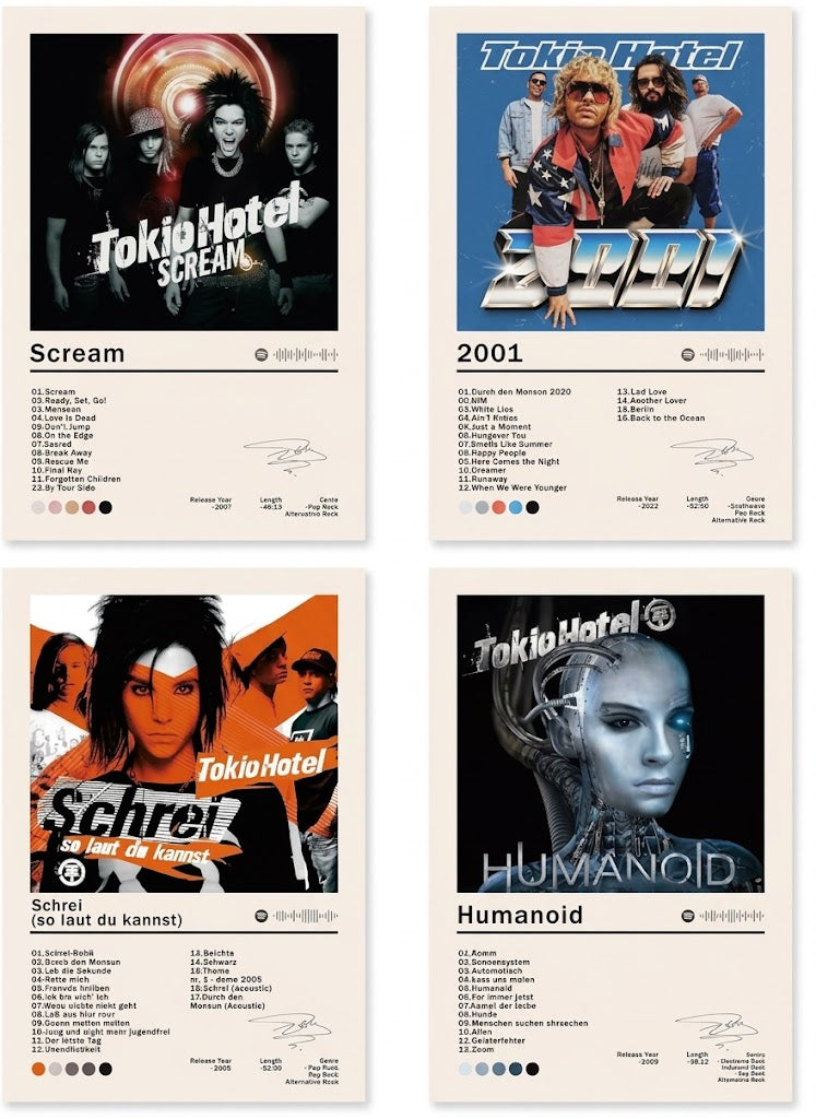 Tokio Hotel poster set overview showing four portrait album-art designs for Scream, 2001, Schrei, and Humanoid with track lists.