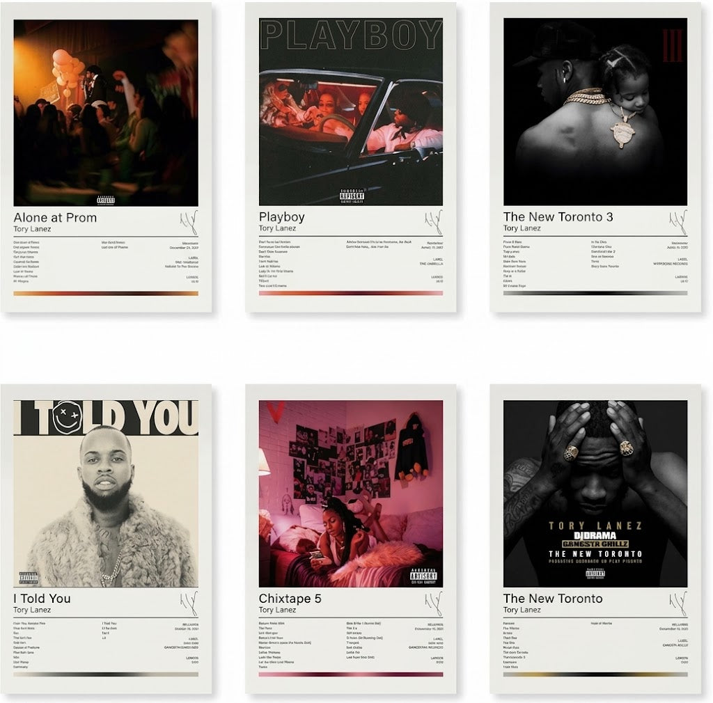 Tory Lanez poster set overview showing six portrait album-cover designs with white information panels and varied moody color palettes.