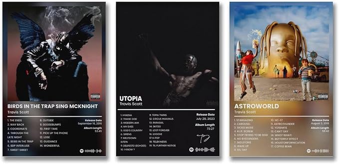 Travis Scott album art poster set overview showing five portrait designs with a winged figure, dark performer portrait, and golden amusement-park head.