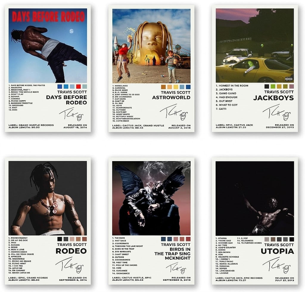 Travis Scott poster set overview showing five portrait album-art designs with cover imagery, tracklist panels, color swatches, and bold titles.