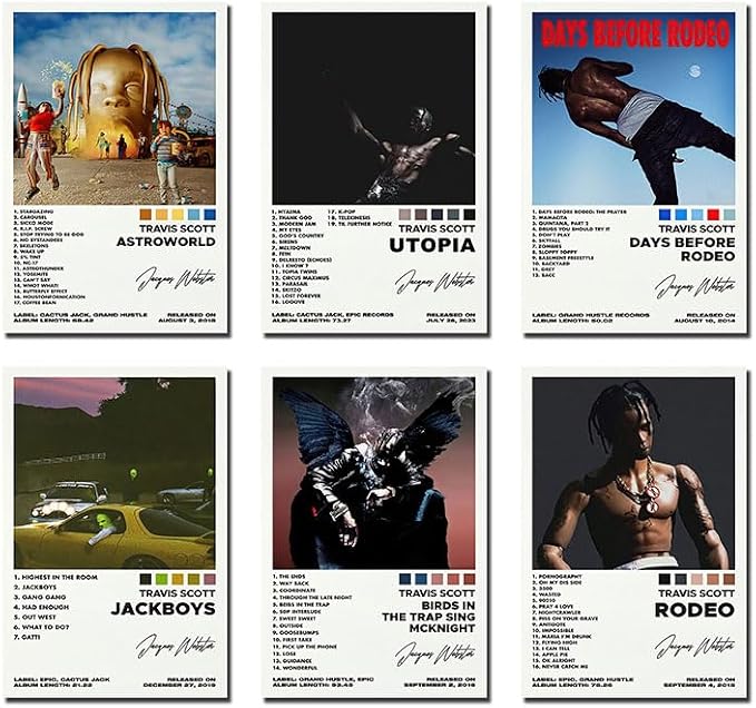 Travis Scott poster set overview showing three album-themed portrait designs with cover-style imagery, tracklists and bold typography.