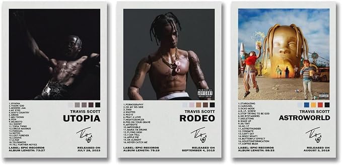 Travis Scott Set of 3 poster overview showing Rodeo, Utopia and Astroworld designs with photographic artwork and white text panels.