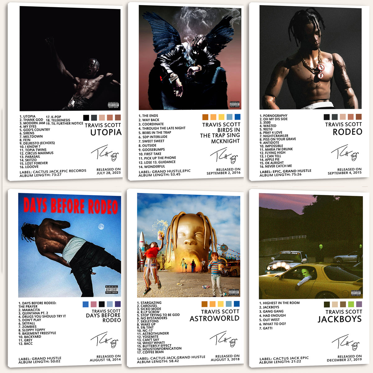 Unframed canvas poster featuring Travis Scott release-era cover imagery arranged in a two-row, six-panel editorial grid.
