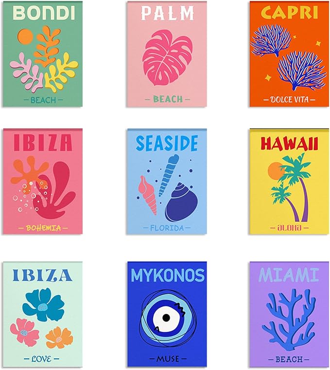 Tropical destination poster set overview showing nine portrait designs with bold place names, palms, coral, shells, flowers and colorful backgrounds.