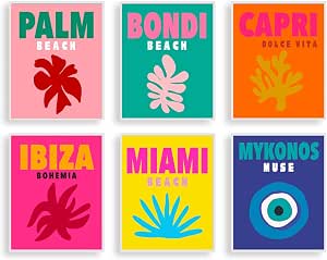 Tropical destination typography poster set of six, showing six portrait travel-style designs in a colorful 3-by-2 grid with icons and bold lettering.